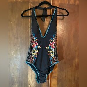 Johnny Was Reeve plunge embroidered one-piece bathing suit size S